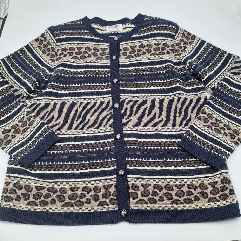 Vintage Alfred Dunner Animal Print Knit Cardigan Sweater Women Petite Medium
